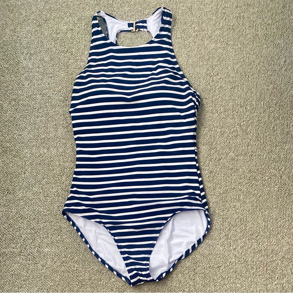 Lands End high neck one piece navy and white striped swimsuit, size medium - Picture 1 of 4